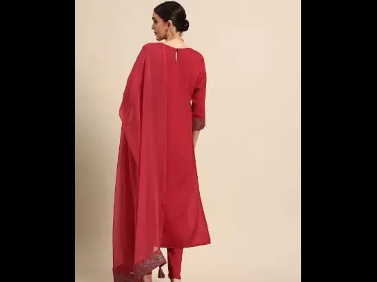 Red & Navy Blue Ethnic Motifs Printed Kurta with Trousers & With Dupatta (5)