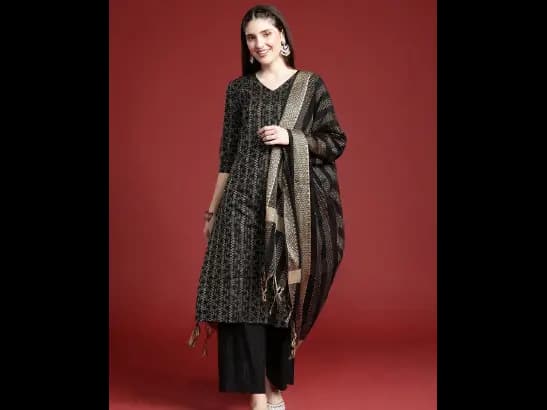 Embroidered Regular Thread Work Kurta with Palazzos & Dupatta