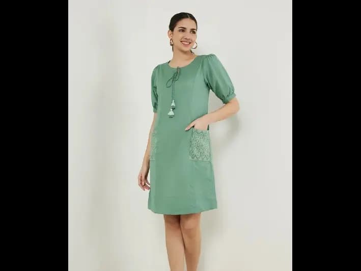 Solid Cotton Flex Round Neck Women's Ethnic Dress