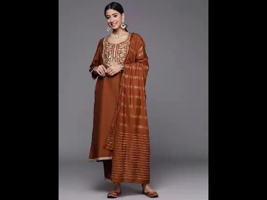 Brown Embroidered Sequinned Kurta with Trousers & With Dupatta