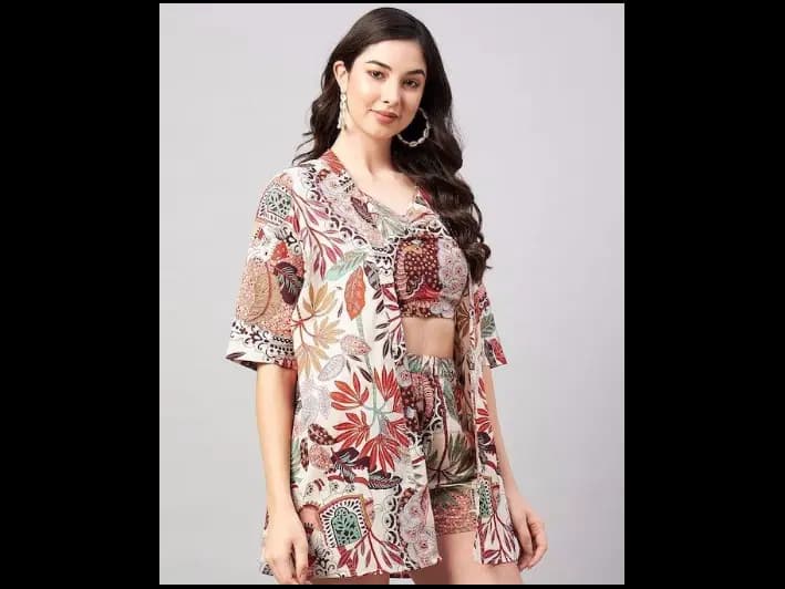 Ethnic Motifs Printed Pure Cotton Top With Shorts & Jacket (3)