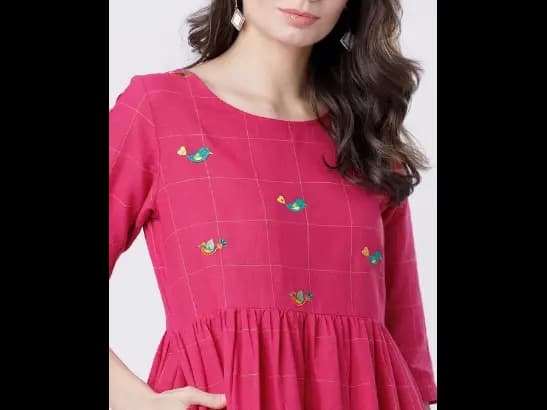 Women Pink Checked Fit and Flare Dress (2)