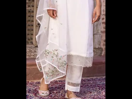 Floral Yoke Design Thread Work Chanderi Cotton Kurta With Trouser & Dupatta (3)