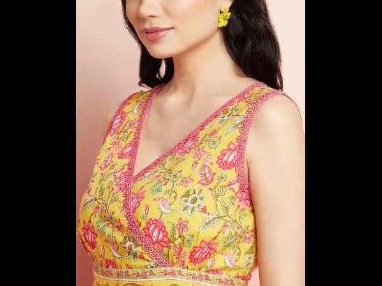 V-Neck Floral Printed Angrakha Style A-Line Cotton Above Knee Dress (3)