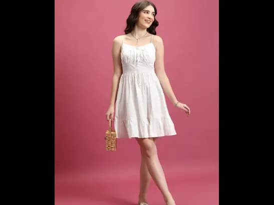 White Smocked Detailed Shoulder Straps Cotton Fit & Flare Dress