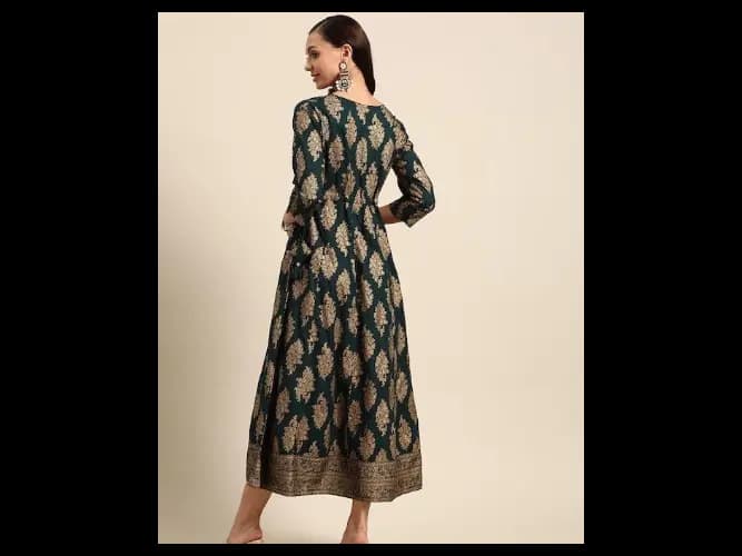 Green Gold-Toned Ethnic Motifs Ethnic Midi Dress (3)