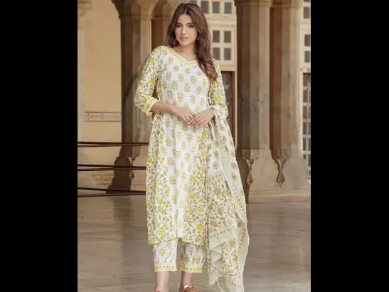 Floral Printed Mirror Work A-Line Pure Cotton Kurta with Trousers & Dupatta (4)