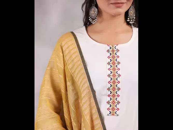 Thread Work Straight Pure Cotton Kurta with Trousers & Dupatta (5)