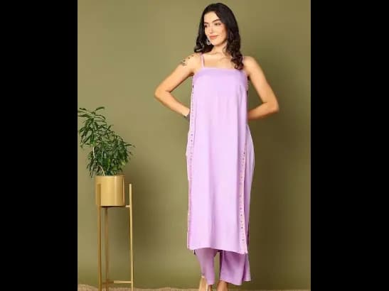 Striped Shoulder Straps High Slit Straight Kurta With Palazzos (2)