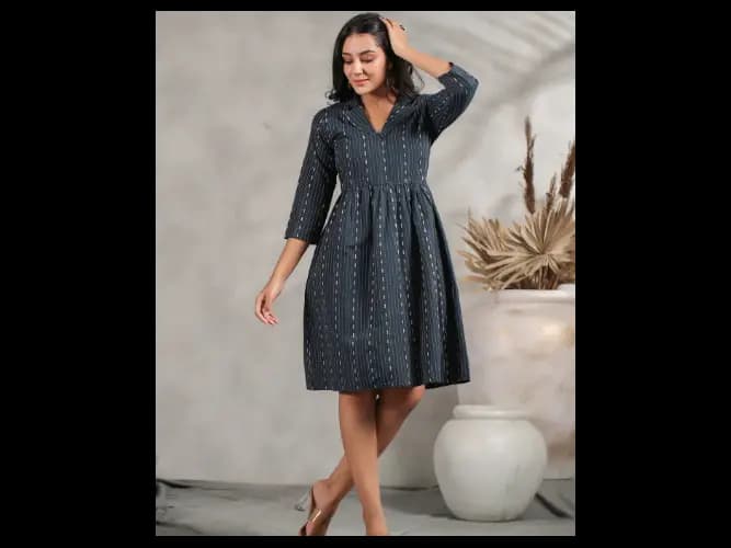 Ethnic Motifs Self Design Shirt Collar A-Line Dress (4)
