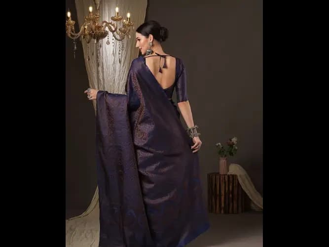 Navy Blue & Gold-Toned Woven Design Zari Silk Blend Banarasi Sarees (2)