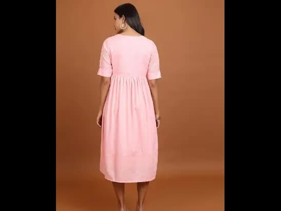 Pink Floral Embroidered Puff Sleeves Schiffli Fit and Flare Midi Dress (4)