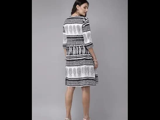 White & Black Ethnic Motifs Printed Pure Cotton Gathered A-Line Dress with Pocket (4)
