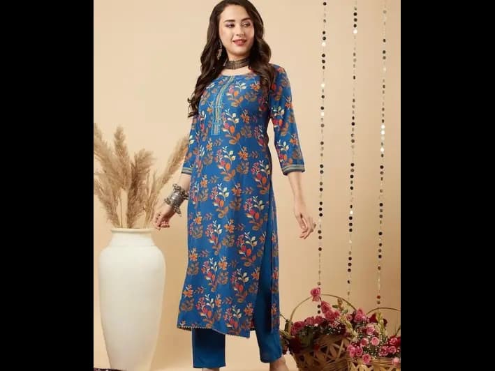 Floral Printed Regular Mirror Work Kurta with Trousers & Dupatta (2)