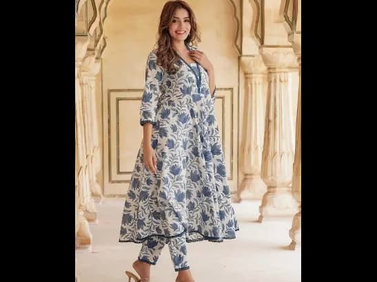 Floral Printed Anarkali Pure Cotton Kurta with Trousers & With Dupatta