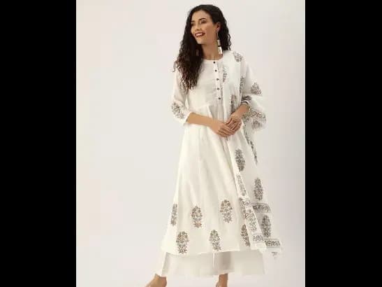 Off-White & Grey Sanganeri Handblock Print A-Line Sustainable Kurta Set & Dupatta