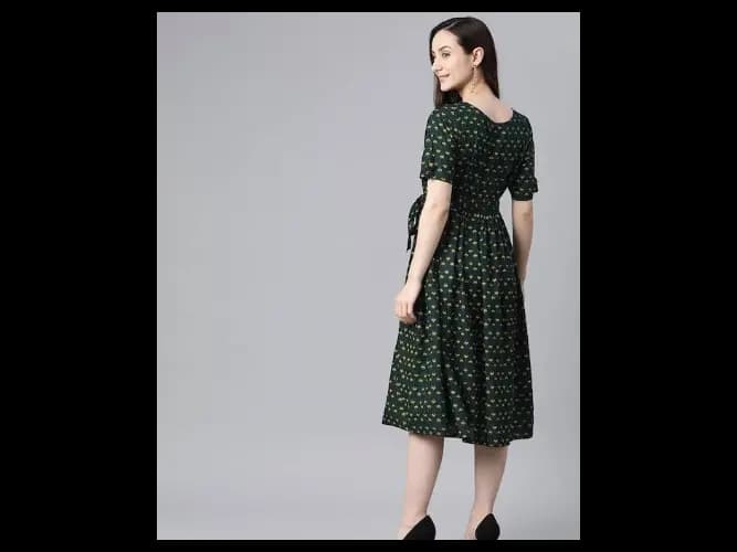 Ethnic Motifs Printed Puff Sleeve Fit And Flare Midi Dress With Belt (3)