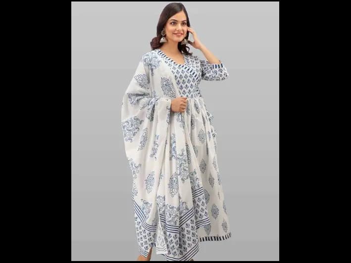 White Floral Printed Pure Cotton Kurta with Trousers & With Dupatta