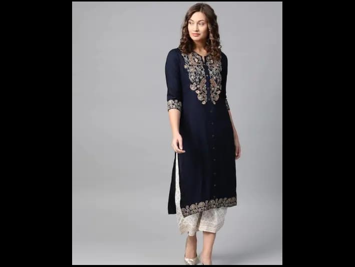 Navy Blue Paisley Floral Embroidery Kurta Set