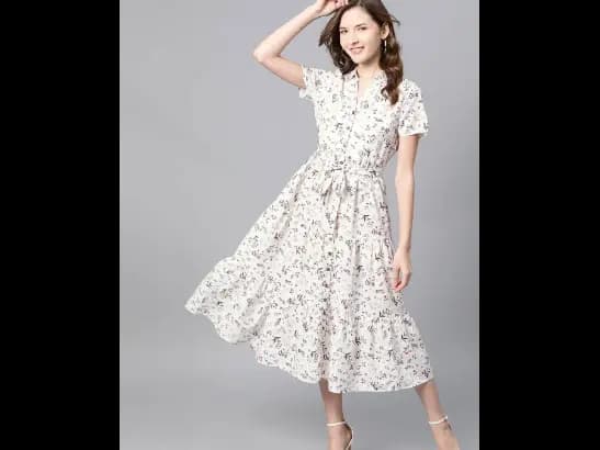 Off-White & Olive Green Floral Print Tiered Shirt Sustainable ECOVERO Dress