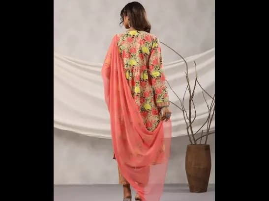 Floral Printed V Neck Pure Cotton A-Line Kurta With Trousers & Dupatta (5)