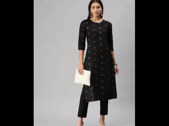 Black Pure Cotton Geometric Woven Design Kurta with Trousers