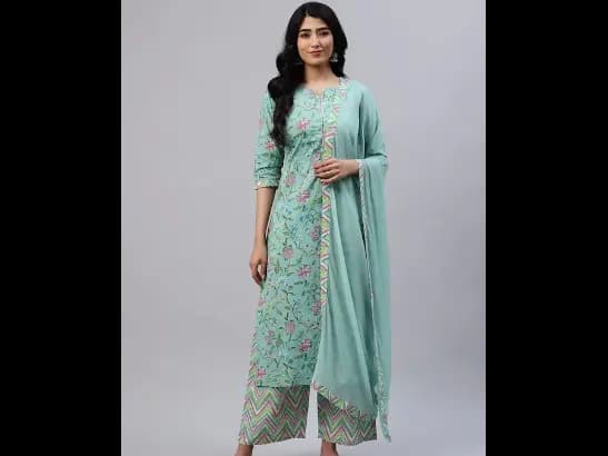 Sea Green Floral Printed Kurta with Palazzos & Dupatta