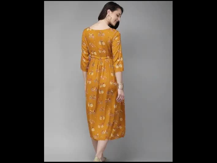 Mustard Yellow Printed A-Line Kurta (2)