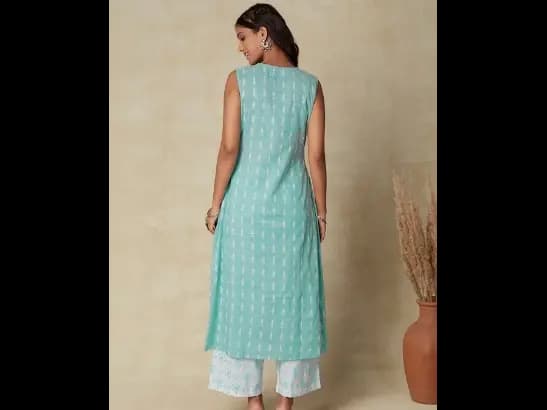 Sea Green Ethnic Motif Woven Design High Slit Straight Linen Kurta with Palazzos (5)