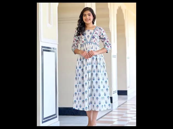 Geometric Print A-Line Cotton Midi Dress (2)