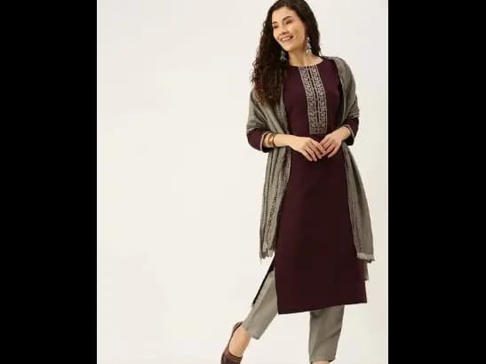 Women Maroon Ethnic Motifs Embroidered Kurta with Trousers & With Dupatta