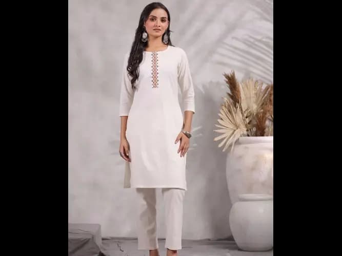 Thread Work Straight Pure Cotton Kurta with Trousers & Dupatta (4)