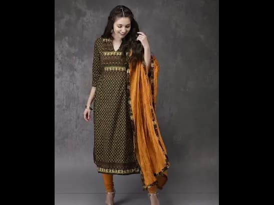 Olive Green & Mustard Brown Printed Kurta with Churidar & Dupatta