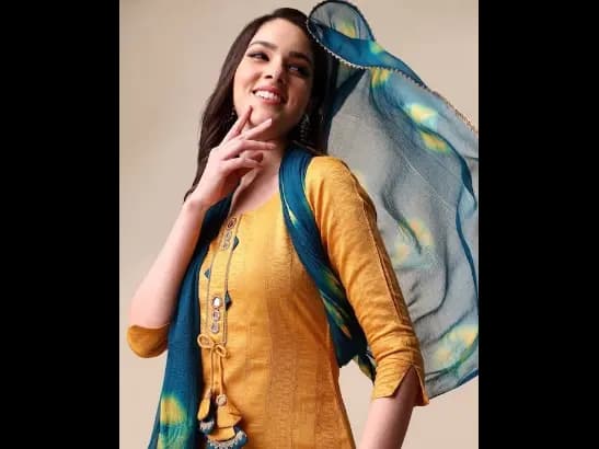 Ethnic Motifs Woven Design Mirror Work Kurta With Trousers & Dupatta (2)