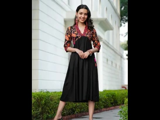 Black Ethnic Motifs A-Line Gathered Midi Dress