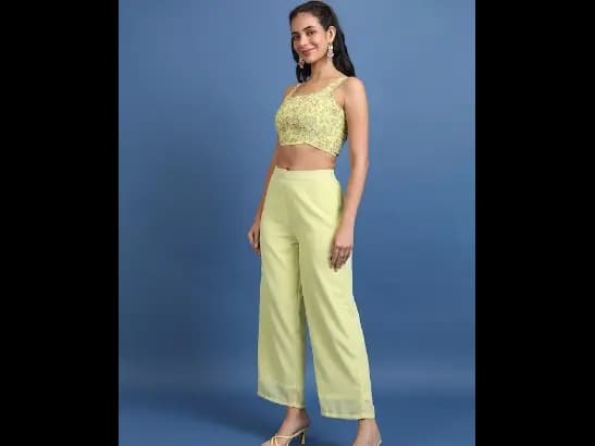 Lime Green Printed Crop Top & Jacket With Palazzos (3)