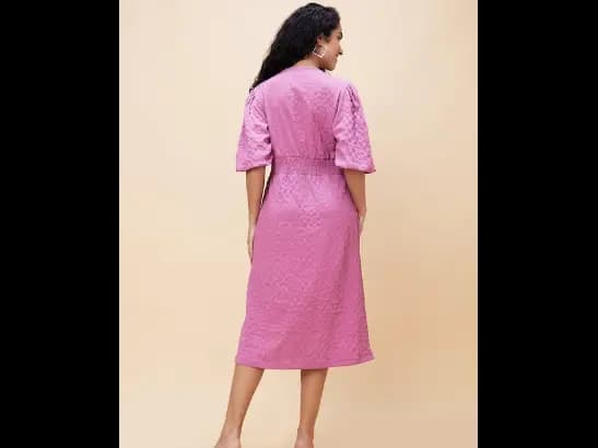 Lavender Self Design V-Neck Smocked Fit and Flare Midi Dress (4)