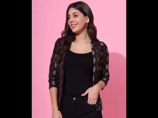 Block Print Relaxed Fit Front-Open Shrug