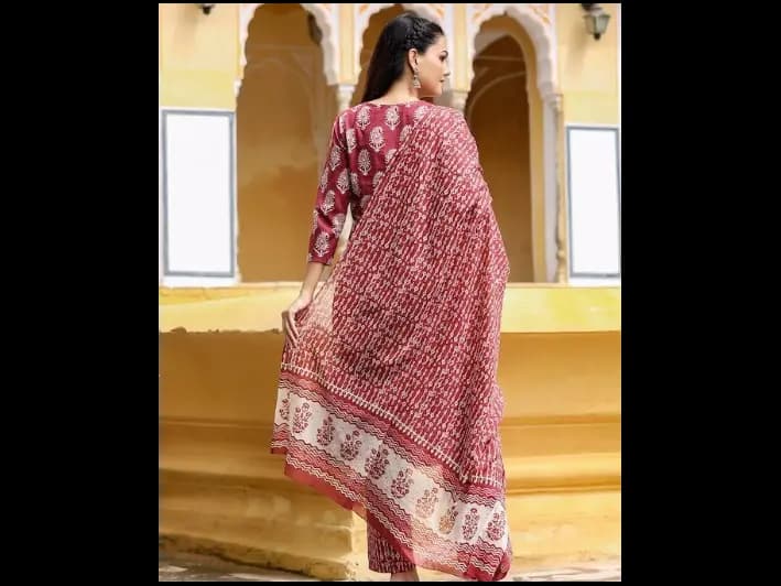Maroon & White Printed Kurta with Trousers & Dupatta (3)