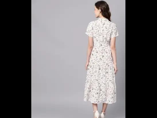 Off-White & Olive Green Floral Print Tiered Shirt Sustainable ECOVERO Dress (3)