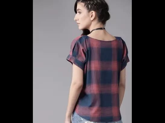 Navy Blue and Pink checked woven high low top (4)
