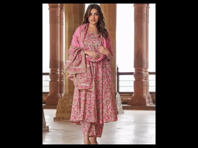 Floral Printed Pure Cotton Anarkali Kurta With Trouser & Dupatta (5)