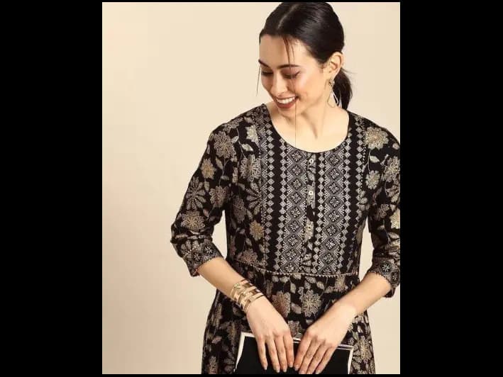 Women Black & Gold-Coloured Printed Anarkali Kurta with Trousers