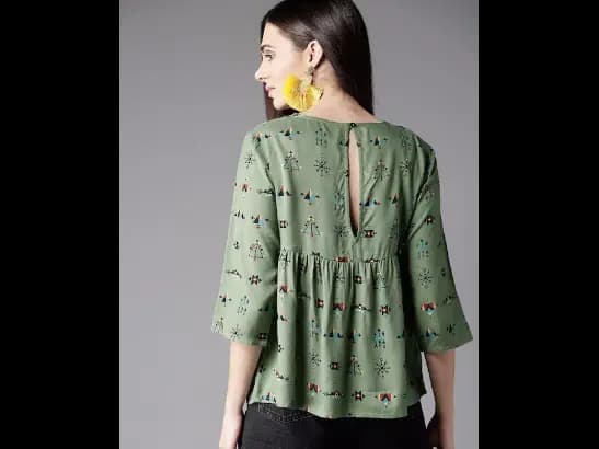 Olive Green & Blue Geometric A-Line Top with Gathered Detail (4)