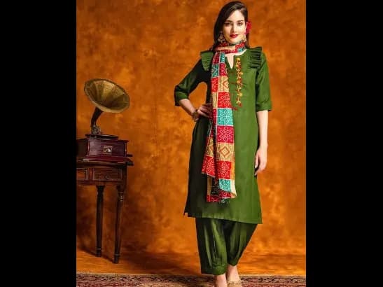 Floral Embroidered Ruffled Pure Cotton Kurta With Patiala & Dupatta