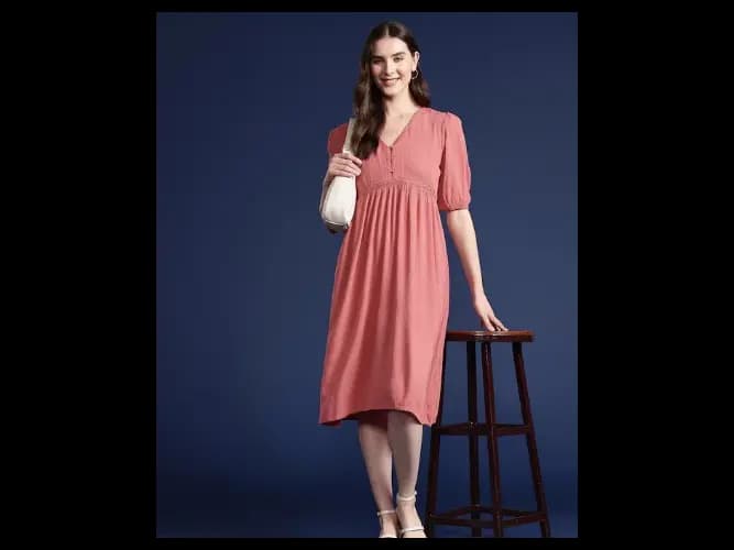 Pure Cotton Lace Insert & Gathered Detail Puff Sleeves Empire Dress (3)