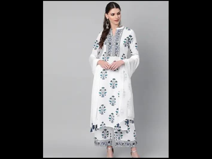 White & Navy Blue Floral Printed Kurta with Palazzos & Dupatta