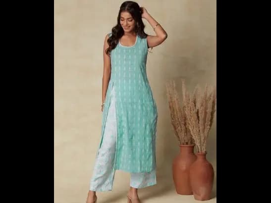 Sea Green Ethnic Motif Woven Design High Slit Straight Linen Kurta with Palazzos (2)