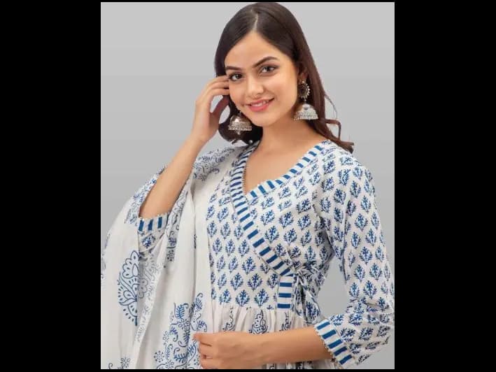 White Floral Printed Pure Cotton Kurta with Trousers & With Dupatta (3)