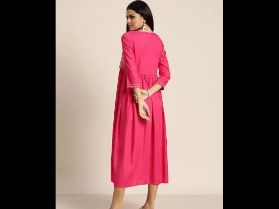 Pink Zari Embroidered Detail Layered Liva A-Line Midi Dress (3)